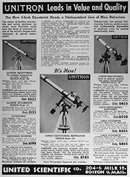 Unitron Advertisement of May 1953 introducing the 4-In Equatorial Telescopes (34,063 bytes)